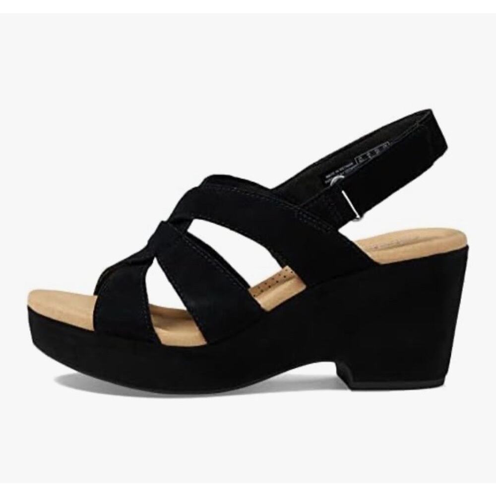 Clarks Wedge Sandals 9 Black Suede Strappy Open Toe Slingback Platform Heels NEW - Picture 2 of 7